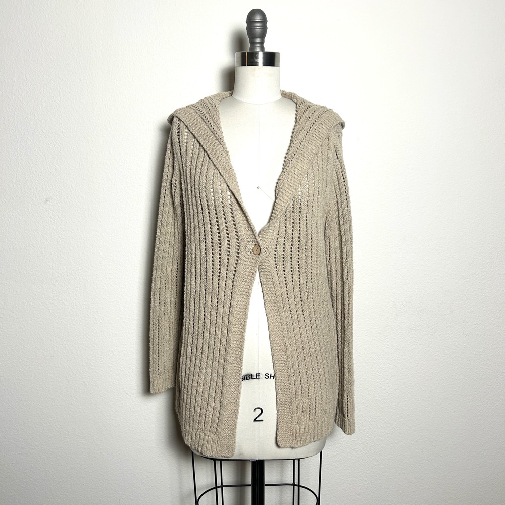 J. Jill Beige Cotton Blend Pointelle Knit Hooded Cardigan Sweater Women Size S